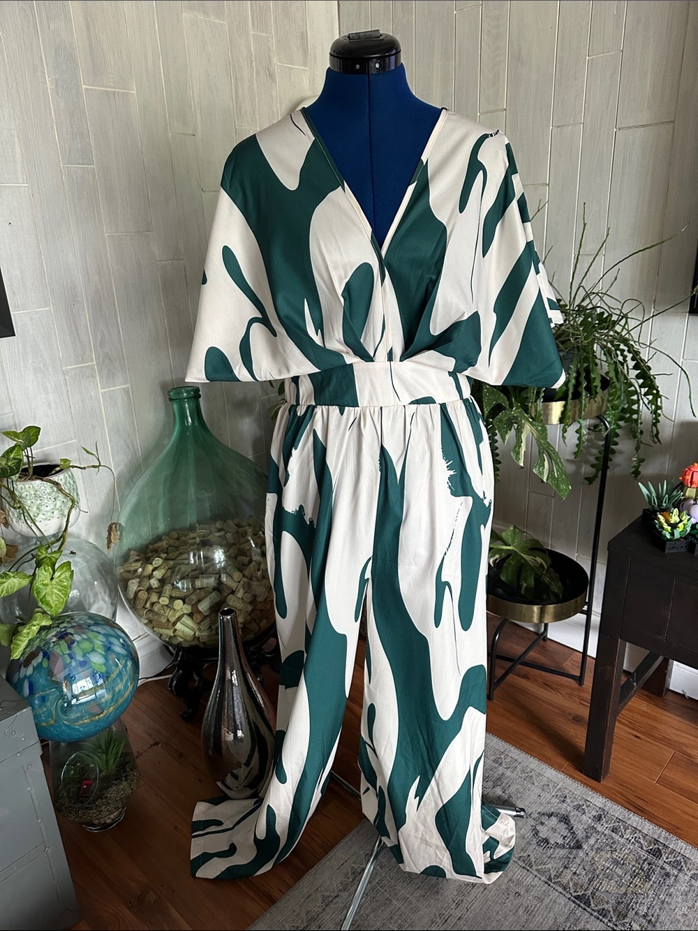 SHEIN Green & White Abstract Print Deep V Jumpsuit